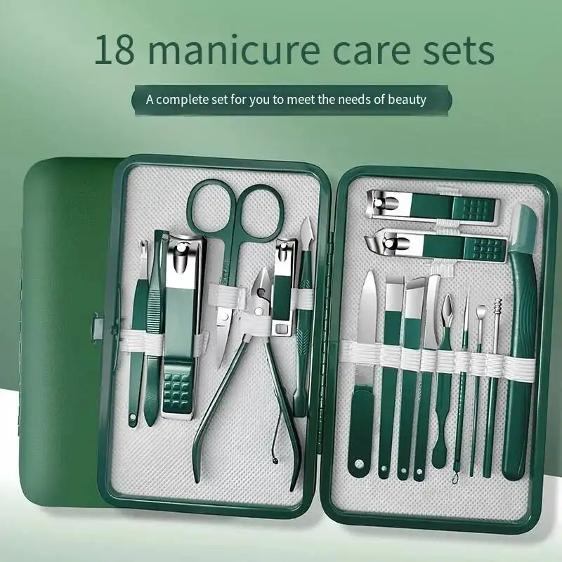 18 pcs manicure set nail clippers kit professional stainless steel nail care tools with leather travel case for man and women