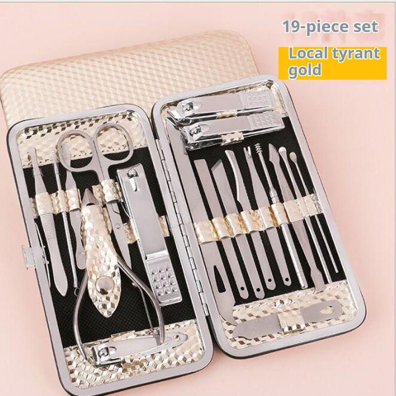 nail clipper set, stainless steel material, noble gold color, complete home use kit, angled design for dead skin removal, ear pick, nail clippers, foot file tools