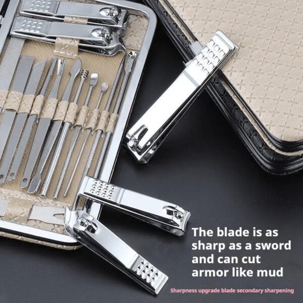 nail clipper set, stainless steel material, noble gold color, complete home use kit, angled design for dead skin removal, ear pick, nail clippers, foot file tools